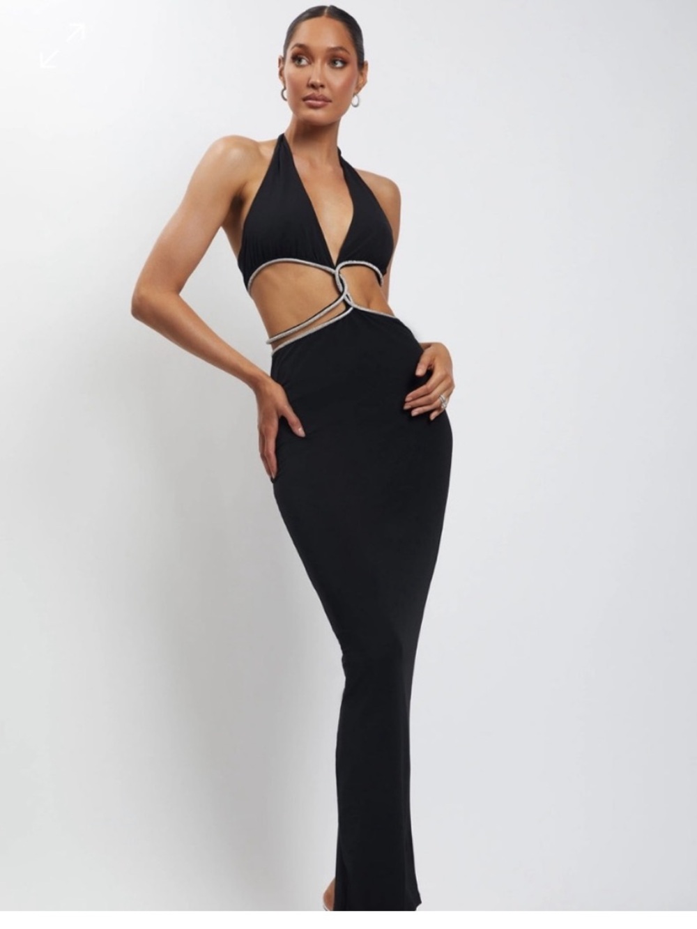 MESHKI nicha diamante cut out maxi halter black dress rhinestone embellished L
